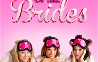 A pink background with three ladies with sleeping masks on their heads smiling on the edge of a bed. Text reads 'Mothers of the Brides'