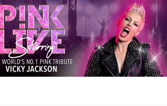 Vicky Jackson as P!NK with pink lettering that reads 'P!INK live starring the world's number 1 P!INK tribute'.