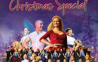 People dancing in Christmas-themed clothing on a Winter background. Text reads: The National Dance Company of Ireland, Rhythm of the Dance, Christmas