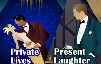 Cartoon graphics of a woman and a man dancing, with a man. Text reads: A couple o' cowards, private lives, present laughter, by Noel Coward.