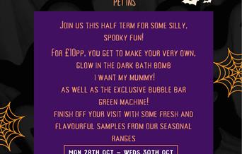 Black and purple background with bats and cobwebs. Text reads: LUSH PETERBOROUGNS HALLOWEEN HALF TERM
 LUSH COSMETICS. UNIT 95. QUEENSGATE SHOPPING CE