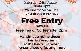 Image of a cherry blossom tree. Text reads: Summer artisan fair, Saturday 24 August, 10am-4pm, free entry, Werrington Village Hall.