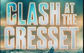 Image of a stormy, orange and blue sky. Text reads: Clash and the Cresset.
