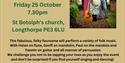 "Frumenty Folk Band Frumenty
 at
St Botolph's
Friday 25 October 7.30pm
 St Botolph's church, Longthorpe PE3 6LU
 This fabulous, folky foursome will pe