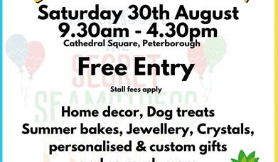 A white background with a yellow and blue border. Text reads: Cathedral Square Market, Saturday 30th August, 9.30am-4.30pm. Free entry. Home decor, do
