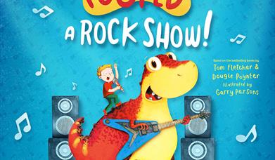 Danny and Dino performing onstage with a guitar against a blue background. Text reads 'A new musical adventure live on stage. The Dinosaur that Pooped