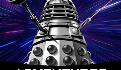 Darlek against a blue black and purple background. Text reads 'Adventures in Time and Space, 3 May to 2 November 2025'.