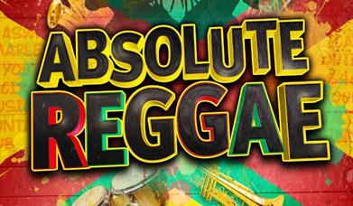 A yellow background with red and green stripes. Text reads 'Absolute Reggae, the ultimate live show for reggae fans, www.msoproductions.co.uk'