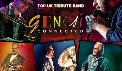 An image of 70s performers as the background. Text reads: Top UK tribute band, Genesis Connected'.