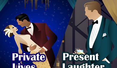 Cartoon graphics of a woman and a man dancing, with a man. Text reads: A couple o' cowards, private lives, present laughter, by Noel Coward.