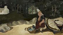 Painting of a fisherwoman seated beside a basket of fish and two boats, with dark woodland behind her.

