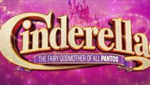 Bright pink Cinderella pantomime poster with gold glittery title text and a fairy-tale castle in the background.