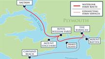 Stylised map showing Waterlink ferry routes around Plymouth, with solid and dotted lines linking Saltash, Royal William Yard, the Barbican, Mount Batten, Mount Edgcumbe, Drakes Island and Cawsand Beach.
