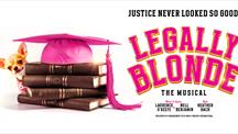 Legally blonde the musical poster featuring books, a dog and a graduation cap 