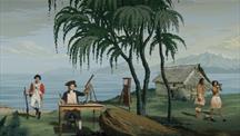 Illustrated coastal scene with sailors and Indigenous people: one officer works at a table with scientific instruments, another stands with a musket, and two Indigenous figures stand near a thatched hut by the water with mountains in the 