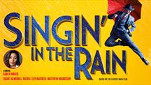 Singin’ in the Rain poster with a man in a blue suit jumping under a red umbrella against a yellow rainy background.