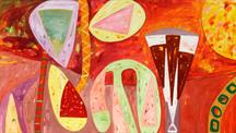 
Bright abstract painting with large, irregular geometric shapes in pink, yellow, green, and brown set against a vivid red and orange background, featuring layered brushstrokes and overlapping forms that suggest stylised trees or figures.