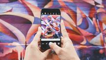 A person holding a phone in front of a wall of art and taking a photograph of it