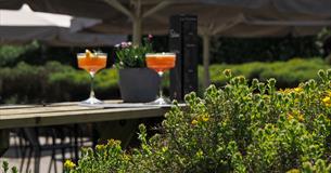 The outdoor terrace at Fishbone Restaurant, with benches, tables and chairs and giant umbrellas