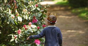 A child in a crown walking through a garden