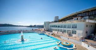 Tinside Lido on Plymouth Hoe, looking out to Plymouth Sound National Marine Park