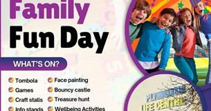 A colourful promotional poster for a "Family Fun Day" event hosted by Improving Lives Plymouth. The design features purple, green, and teal bunting ac