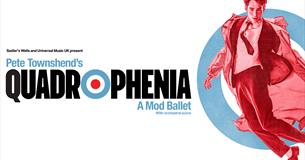 Red white and blue bullseye with image of man jumping in air in red. 