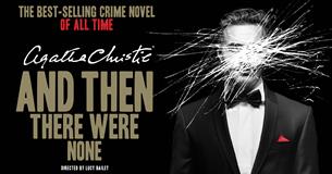 The show title is shown in gold. To the right a mysterious man stands in a suit. The image is black and white but he has a red handkerchief in his bre