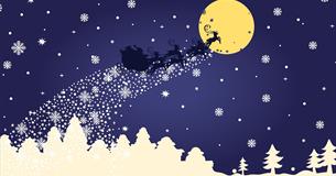 Graphic showing Father Christmas on a sleigh against the night sky