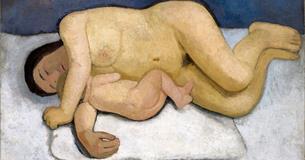 Painting showing a mother and child lying on a bed