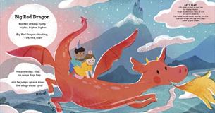 Illustration of children on the back of a big red dragon