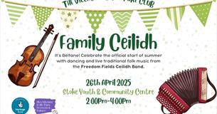 An illustrated picture of a fiddle and a squeeze box, with text about the event, plus logos for Blockhouse folk and the village hub