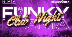 Infographic with a purple background. Text reads: Celebrating 10 years of Funky Llama, Theatre Royal presents - Funky Llama Club Night! At PRYZM Night