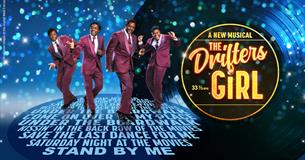 The Drifters are shown in deep pink matching suits mid dance, they smile hapily. The background is blue and The Drifters Girl is lit up in yellow on a