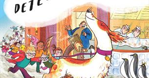'The Detective Dog' A hand-drawn illustration of a white dog with warm brown patches following a scent tail with a crown of people following behind.