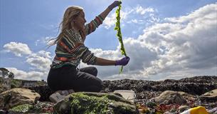 A woman sits on a beach holding up a large piece of seaweed