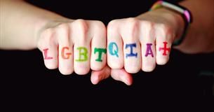 A person displaying their knuckles with LGBTQIA+ written on them in coloured letters