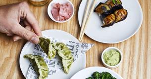 Small white plates of different foods displayed on a table with chopsticks and a hand holding a green gyoza.