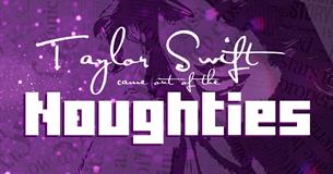 Piurple background with a white outline of Taylor swift. With text over the top that reads, Taylor Swift cam from the Noughties party.