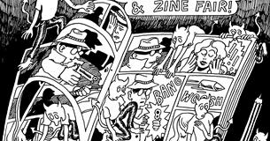 A black and white drawing of an open comic showing images of characters with guns and pencils. There are little demon characters walking over the comi