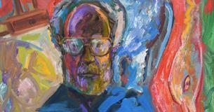 Detail of a self-portrait painting showing a man wearing glasses painted surrounded by bright colours.