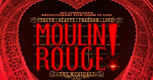 Moulin Rouge title in bright red surrounded by ornate red heart.