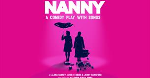 Silhouetted against a pink backdrop are two women. One holds a broken umbrella above her and the other holds an open bag down by her side. In front th