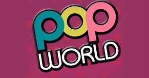 The logo of popworld displayed in bright colours against a bright pink background