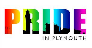 Rainbow text with silhouettes of Plymouth architecture.