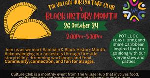 An illustrated picture of a Caribbean pattie, alongside red, gold and green text with details for a black history month event.