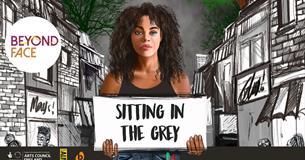 The image is a illustration of a mixed-race black and white teenager with curly hair. She is holding a sign that says Sitting in the Grey. She has a b