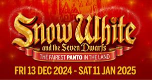 The words Snow White and The Seven Dwarfs with a red background