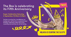 Graphic showing Mildred the Mammoth wearing a party hat
