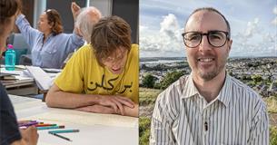 Two images, one showing people in a writing workshop and a man standing with a view of Plymouth behind him
